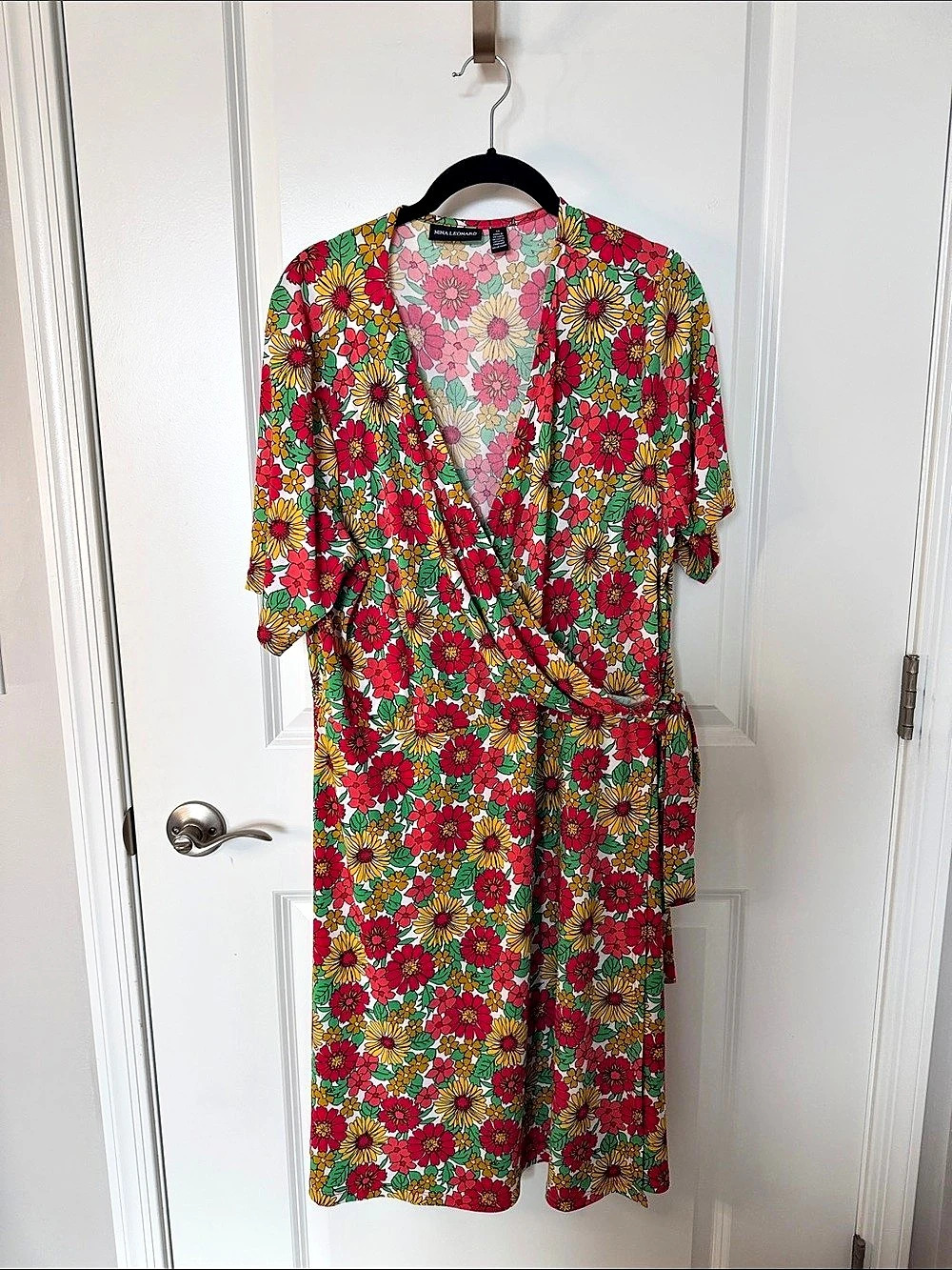 Nina Leonard Printed Miracle Matte Jersey Faux Wrap Dress Floral Red & Green 1X